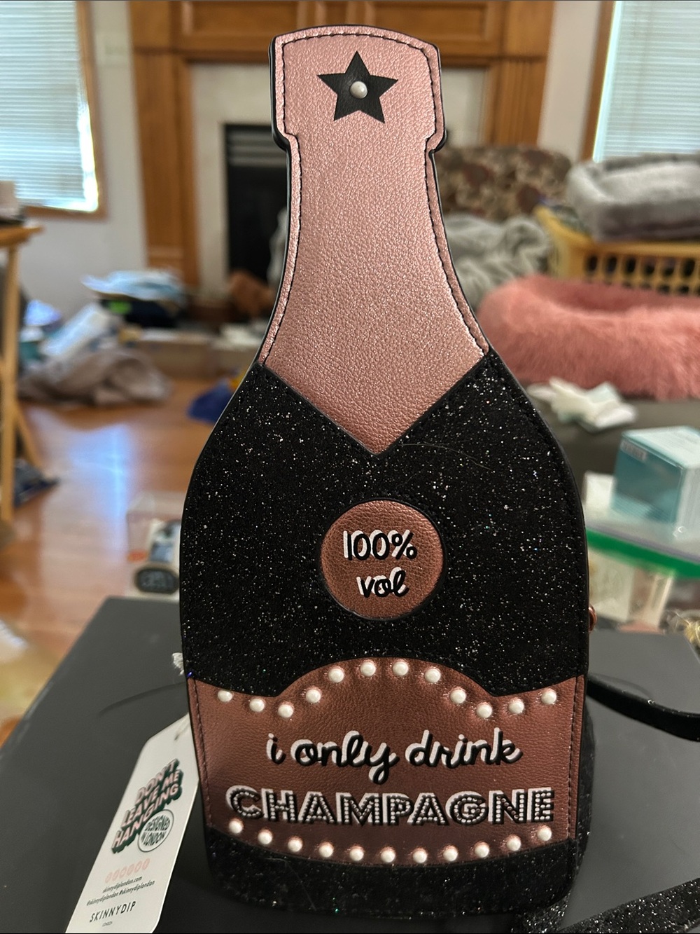 Slinneydip i only drink CHAMPAGNE Bottle Party Purse - Rose Gold & Black